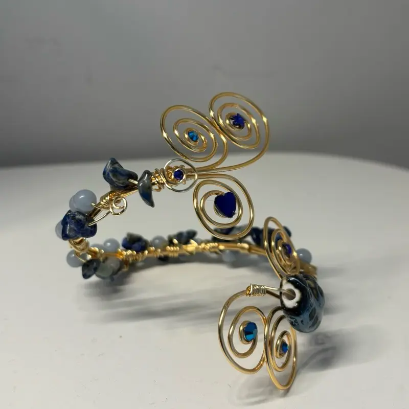 Angelite Soladite  Gemstone Seashell Ceramic Bead Gold Copper Wire Armband  Handcrafted by Adanya Renee