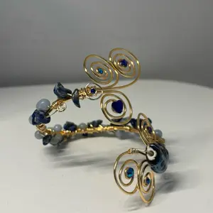 Angelite Soladite  Gemstone Seashell Ceramic Bead Gold Copper Wire Armband  Handcrafted by Adanya Renee