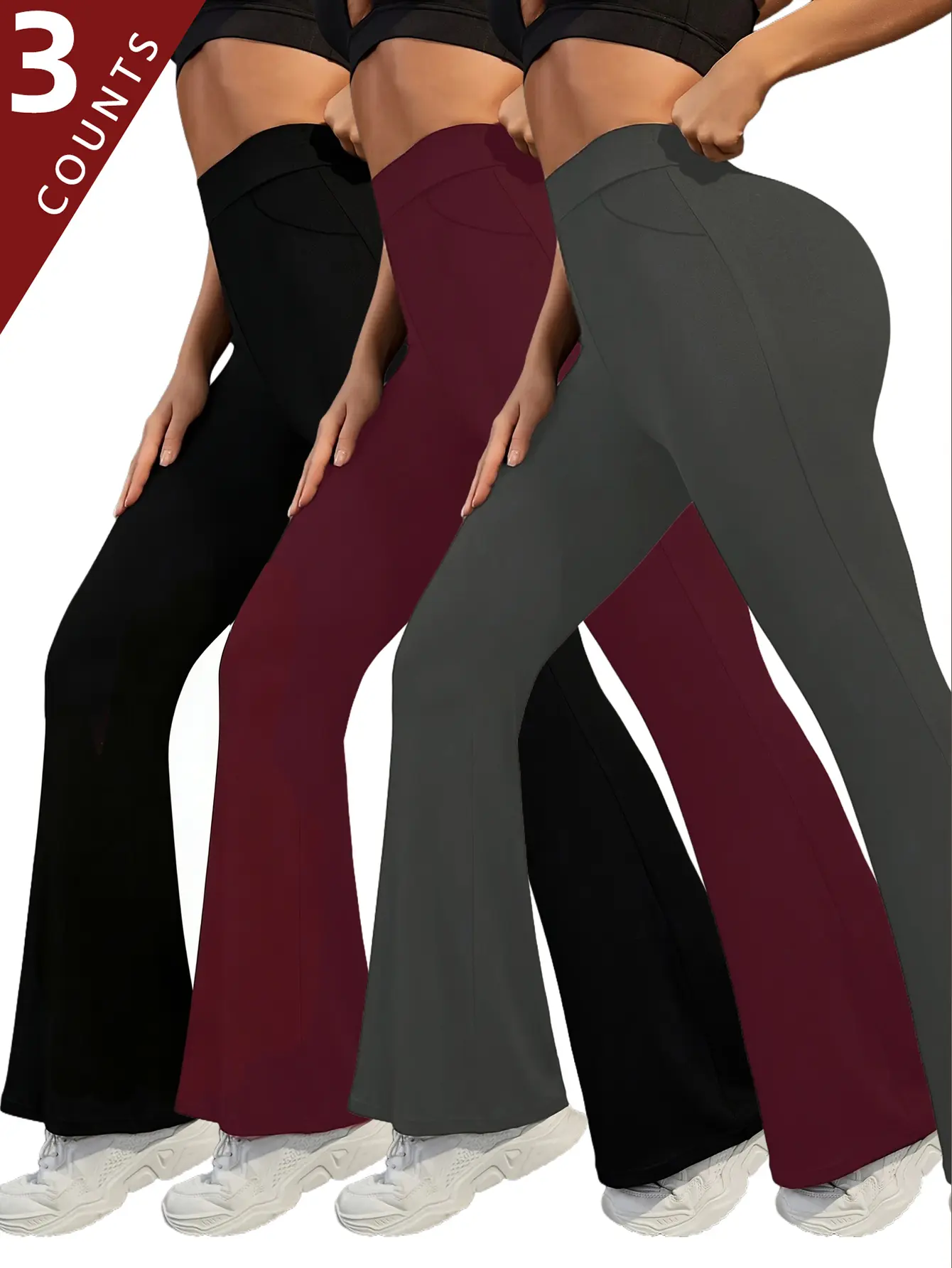 Women's 3-Pack Fleece-Lined Athleisure Pants, High Rise Bootcut, Thermal Knit for Winter Lounge Wear, High Rise Pants, Machine Wash, Fleece-Lined Fabric Feels Soft Inside, Polyester Clothes, Knitting