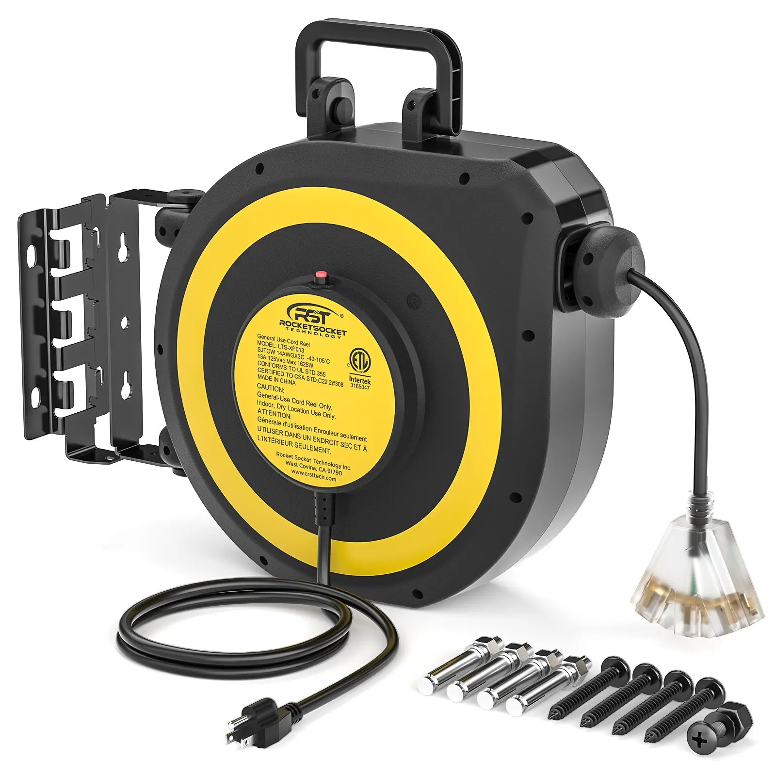 CRST 50-Feet Retractable Extension Cord Reel ,14AWG Heavy Duty Cord,3 Outlet Triple Tap, 180° Swivel Bracket, Easy Handling Design, UL Listed, 36 Months Warranty