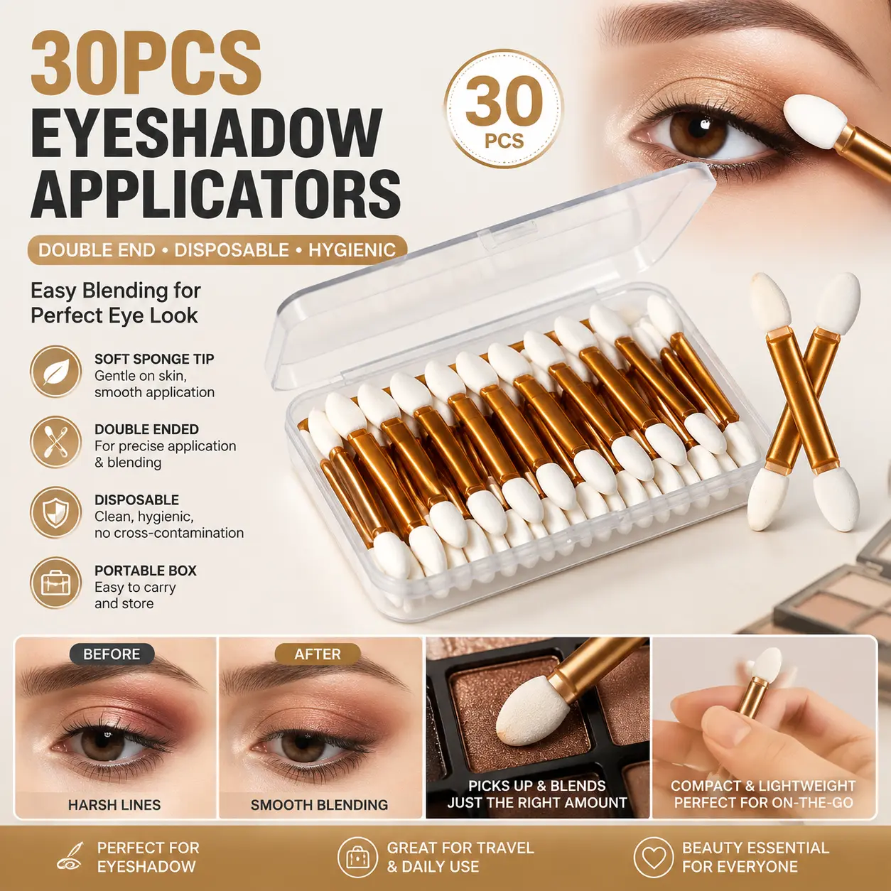 30PCS Double End Eyeshadow Applicators, Disposable Eye Makeup Sponge Brushes for Eyeshadow Blending and Cosmetic Application