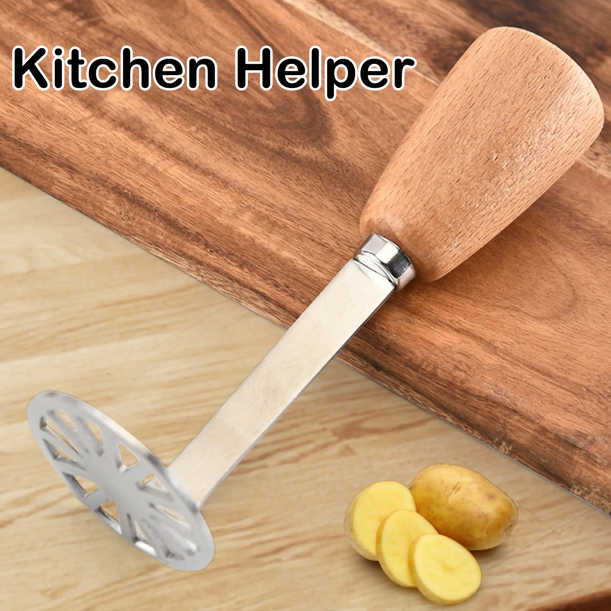 2 Counts Stainless Steel Potato Masher, Heavy Duty Manual Masher with Wood Handle, Kitchen Tool for Avocado, Bean, Pumpkin Holes Fruit