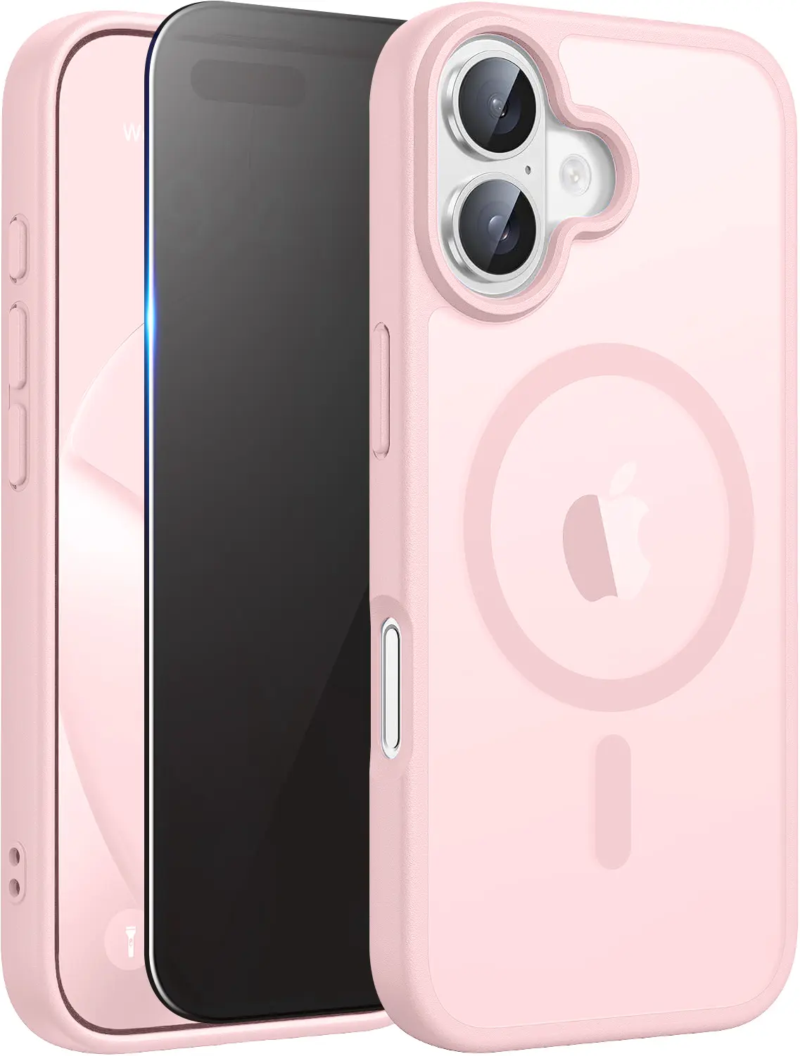 Magnetic for iPhone 16 Case Matte, with Privacy Tempered Screen Protector,  iPhone 16 Phone Case Compatible with MagSafe Frosted Translucent Shockproof Anti-Scratch Slim Fit Case Military Grade Protection (Pink)