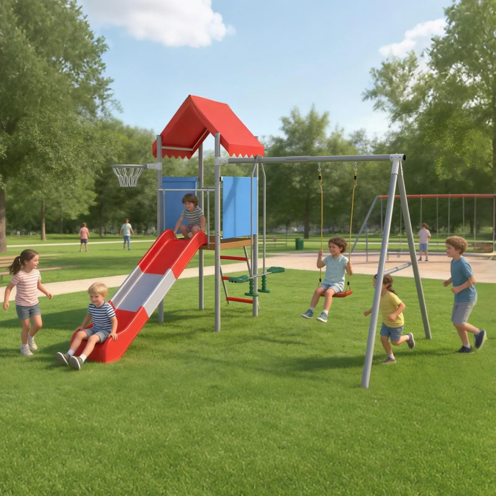 【GAOMON】Outdoor Playset for Kids, Metal Swing Set with Slide, Treehouse Platform, Basketball Hoop & Pendulum Swing, Backyard Playground Equipment for Outdoor Play Children Children's Day Gift - SummerVibes, Kids Outdoor Equipment, Outdoor Play Equipment
