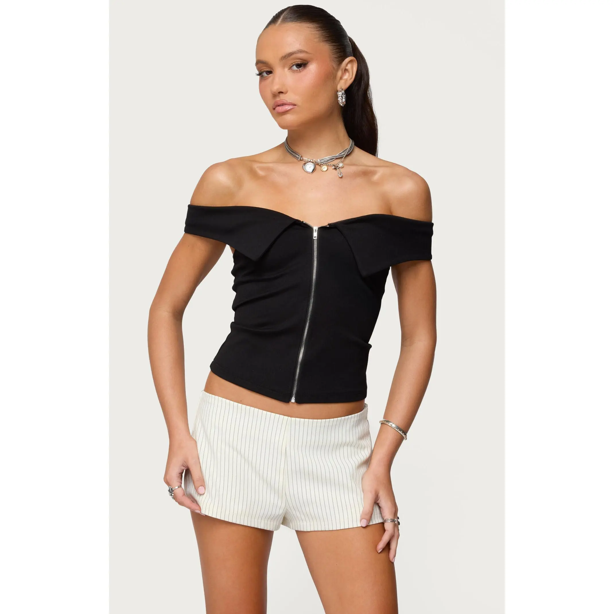 Edikted Women's Collared Off Shoulder Zip Up Top