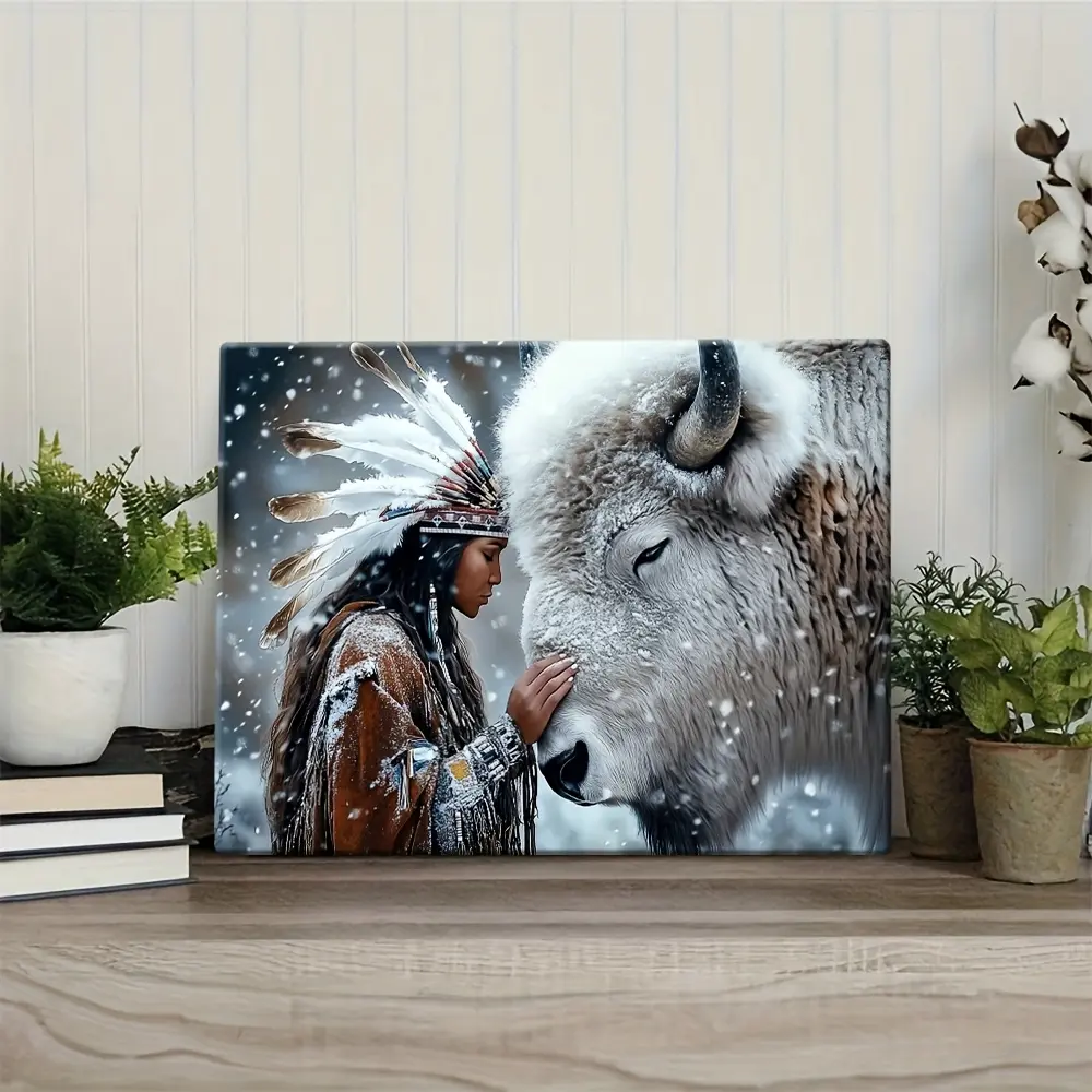 2D Flat Native American & Bison Snow Scene Art Print - Wooden Framed Canvas Wall Art, Art Deco Cultural  Decor for Living Room, Bedroom, Home Office - Premium HD Print on Durable Canvas, Canvas Wall Art,