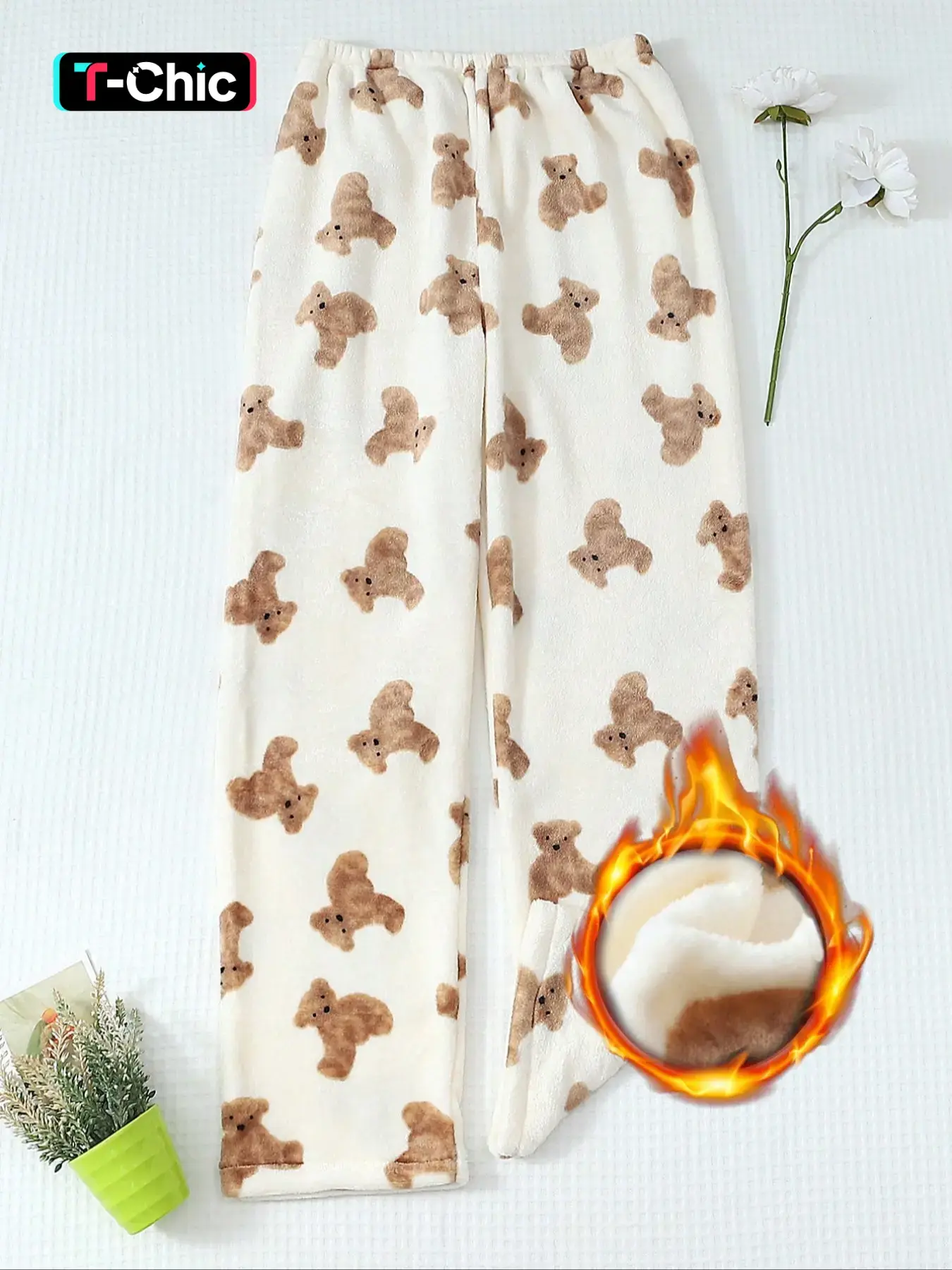 Women's Winter Cute Plush Animal Bear Print Soft Comfortable Fitted Flannel Pajama Pants, Cozy Fleece Lined Sleepwear Loungewear, Casual Nightwear for Ladies Pj Bottoms