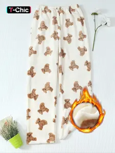 Women's Winter Cute Plush Animal Bear Print Soft Comfortable Fitted Flannel Pajama Pants, Cozy Fleece Lined Sleepwear Loungewear, Casual Nightwear for Ladies