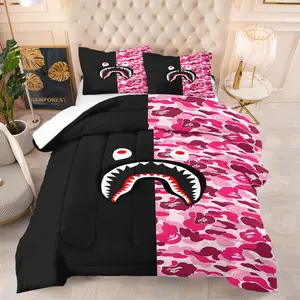 BAPE Shark Comforter Set,Fashionable Camouflage Print,Including 1 Quilt and 1 or 2 Pillowcases Without Pillows,Suitable as a Gift,Soft and Warm Bedroom Bedding Set for Teenagers, and Adults, Soft Bedding Sets