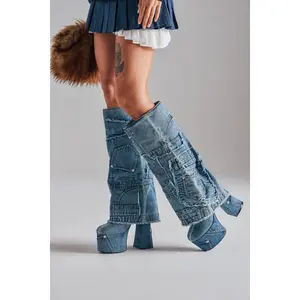 AZALEA WANG DUMI DENIM CHUNKY PATCHWORK BOOT