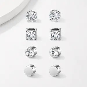 4 Pairs Stainless Steel Magnetic Stud Earrings for Men Women, Non Piercing Clip On CZ Stud Earrings Set Fashion Fake Earrings Jewelry Set for Sensitive Ear