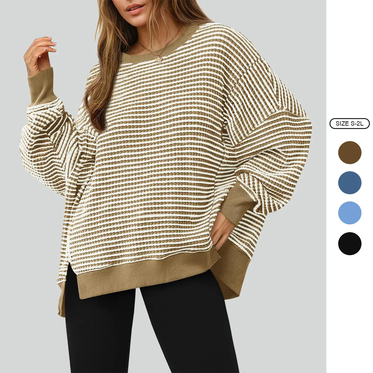 Imily Bela Women's Fall Oversized Sweatshirt Casual Waffle Knit Long Sleeve Crewneck Split Pullover Tunic Tops