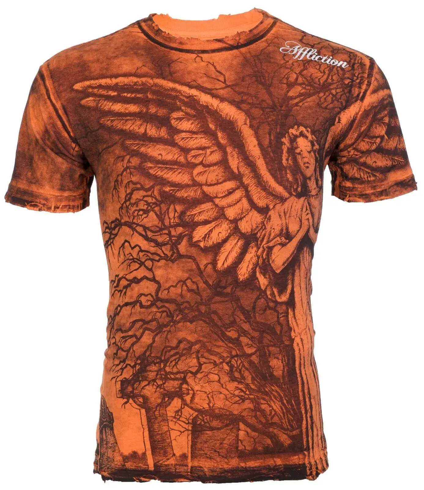 $62 AFFLICTION Orange GRAVE ANGEL Short Sleeve Slim Fit Y2K T-shirt NWT
