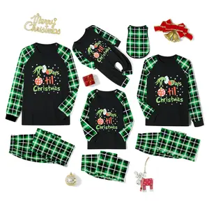 Christmas Family Pajamas Holiday Christma Pajama Family Matching Pjs Set Xmas Jammies Nightwear Green Letters Print T-shirt Plaid Pants