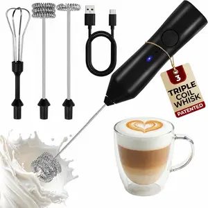 Kitchen Rechargeable Handheld Milk Frother, 3 Speeds & 3 Stainless Steel Whisks, USB-C Drink Mixer for Coffee, Matcha & Protein Shakes