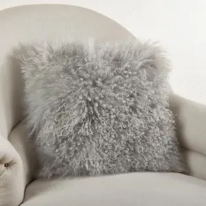Saro 3564.FG20S 20 in. Square Mongolian Lamb Wool Fur Throw Pillow, Square Cushion, Home Decorative Cushion, Outdoor Sofa Accessory - Fog