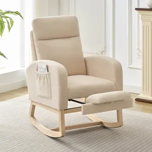 Modern Upholstered Rocking Chair for Dining and Lounge – Soft Glider Armchair, Foot Rest, High Backrest, Solidified Wood Base, Side Pocket, Comfortable Seating