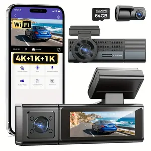 AZDOME M500 3 Channel Dash Cam, 4K+1080P+1080P Front and Rear Inside Camera, Super Night Vision, Built-in Wi-Fi, Voice Control, 24H Parking Mode, Includes 64GB Card