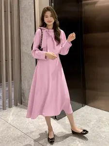 Women's Korean-Style Temperament Age-Reducing Dress with Tie Waist - 2025 New Style Sweet Pink Long-Sleeve Dress