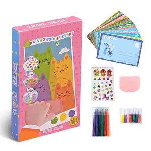 [Double-Pigment Pen] Rainbow Squeeze Art Kit - Creative Scratch & Color Art Set for Kids with 20 Drawing Papers 7Acrylic Paints 6 Watercolor Pens 1 Sticker Sheet & Squeegee Board Perfect for DIY Art & Gifts