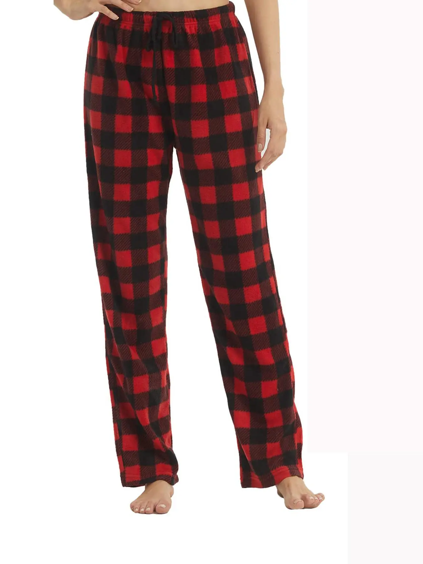 Women's Plaid Print Drawstring Waist Pajama Pants, Casual Polar Fleece Straight Leg Sleep Pants, Soft Comfy Sleep Bottoms for Women, Loungewear