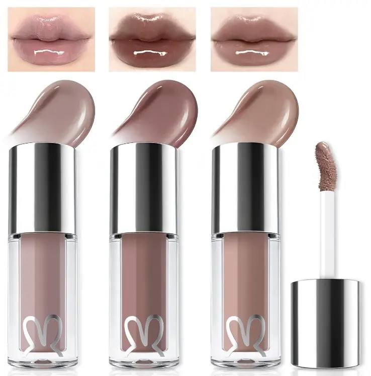 Noerrors 3pcs Mirror Finish Glossy Nude Lip Gloss Set for Women, Light Grayish Mauve Pale Pink Cool Toned Liquid Lipstick, Moisturizing Soft Smooth Lightweight High Shine Lip Glow Oil Gothic Makeup