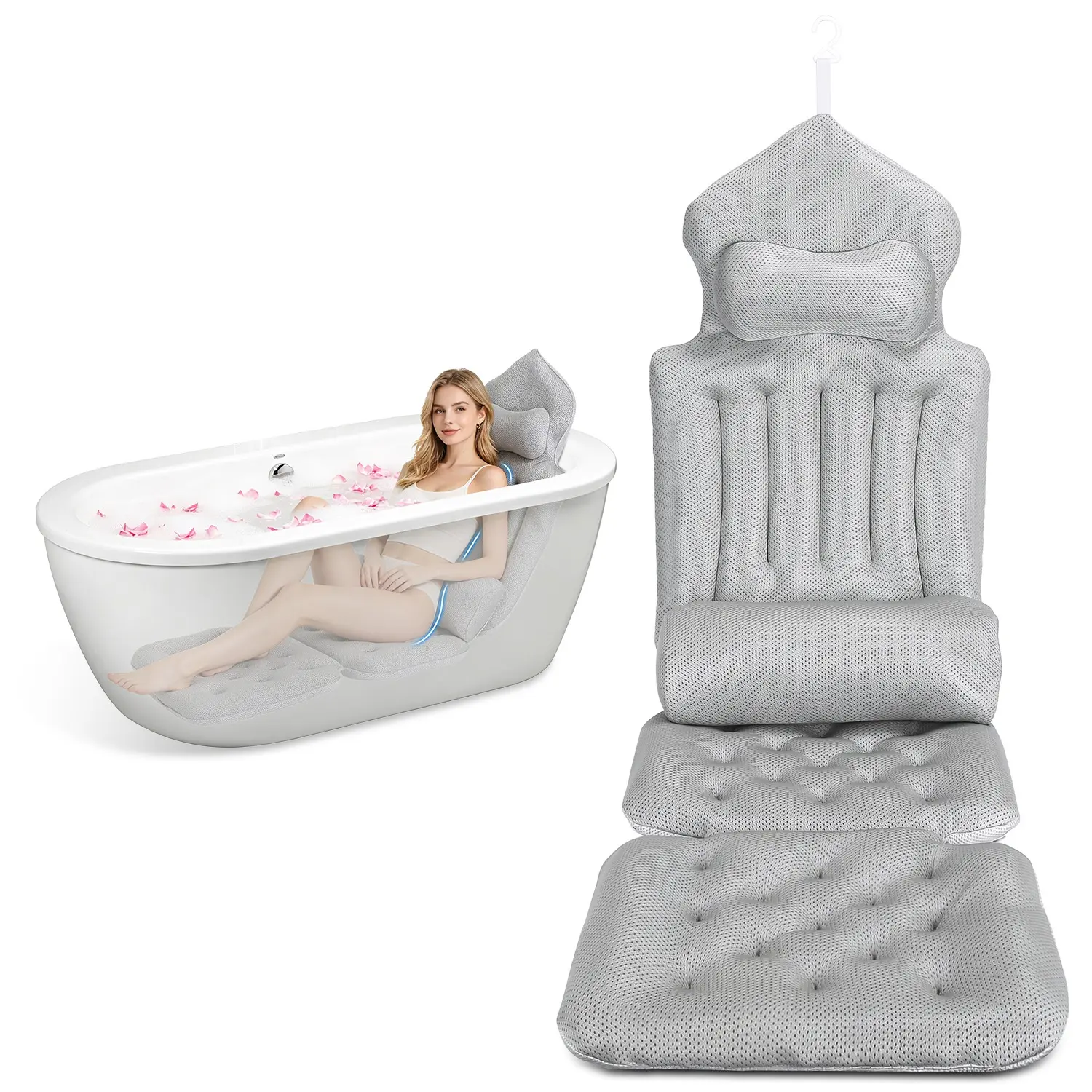 Full Body Bathtub Pillow with Headrest & Lumbar Support, Quick-Drying Bathroom Accessories with 4D Honeycomb Mesh, Nonslip Machine-Washable Indoor Leisure Cushion