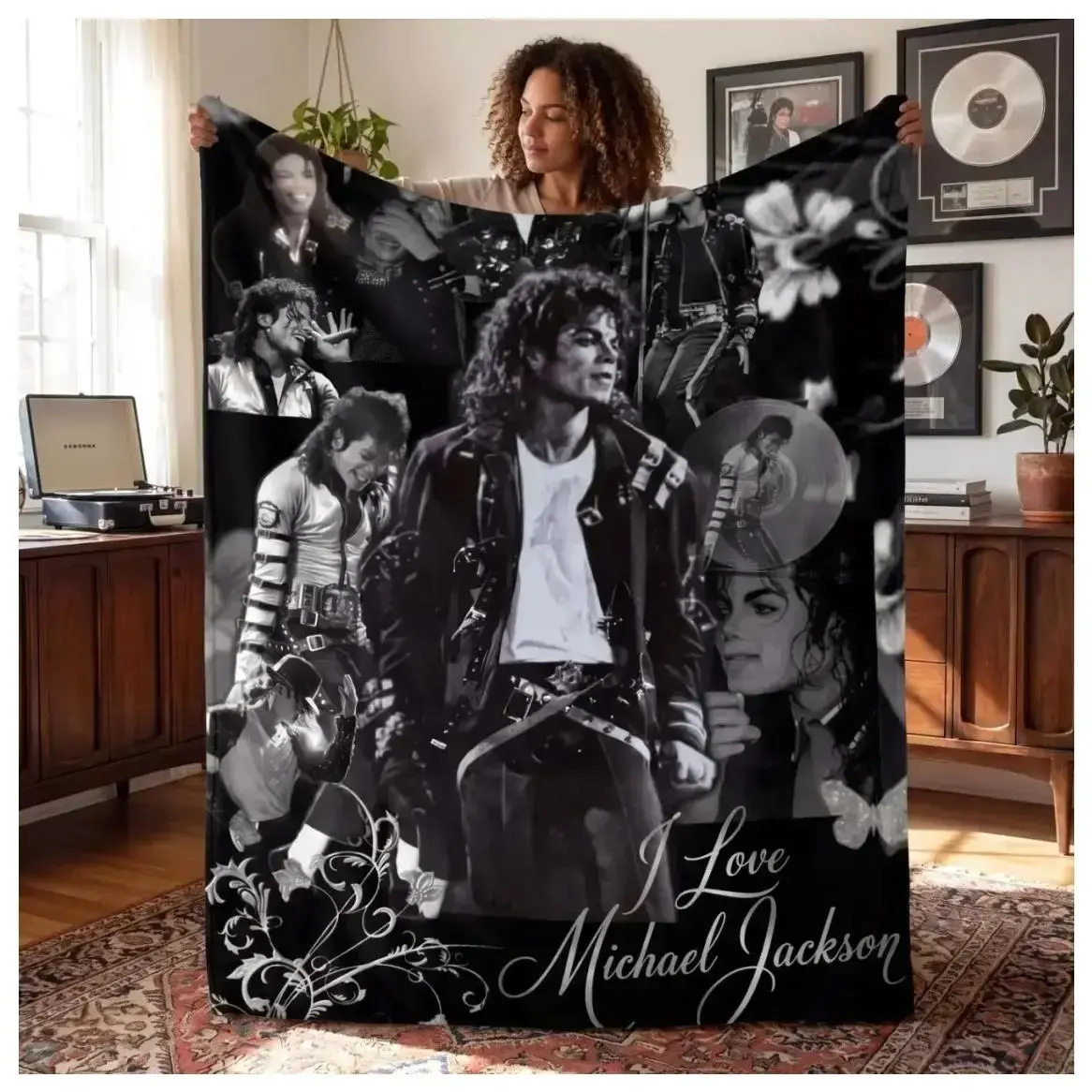 ersonalized Michael Jackson Inspired Flannel Throw Blanket, King of Pop Music Legend Custom MJ Fan Gift, Soft Cozy Polyester Plush Blanket, Vintage Pop Culture Singer Room Decor for Bed Sofa, Birthday Christmas Holiday Gift