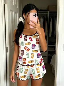 Taco Bell Food Print Sleeveless Pajama Set, Trim Ruffle Design, Sweet Cool Girl Style, Breathable Home Sleepwear