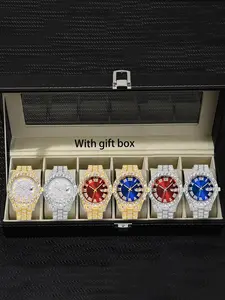 Men's Business Fashion Round Dial Analog Quartz Watches, Rhinestone Wristwatch, Fashion Rhinestones Decor Watch Set for Party, Daily Decor, Trendy All-match & Exquisite Watch Set for Birthday Gift, without Box