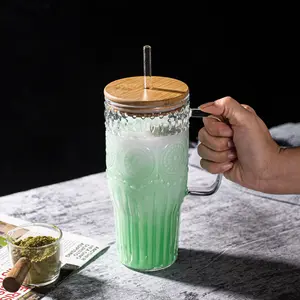 32oz Glass Cup with Handle Lid and Straw, Borosilicate Glass Tumblers, Iced Coffee Cups Modern Glass Mug Hot/Cold Drinks for Smoothies, Tea, and Juice