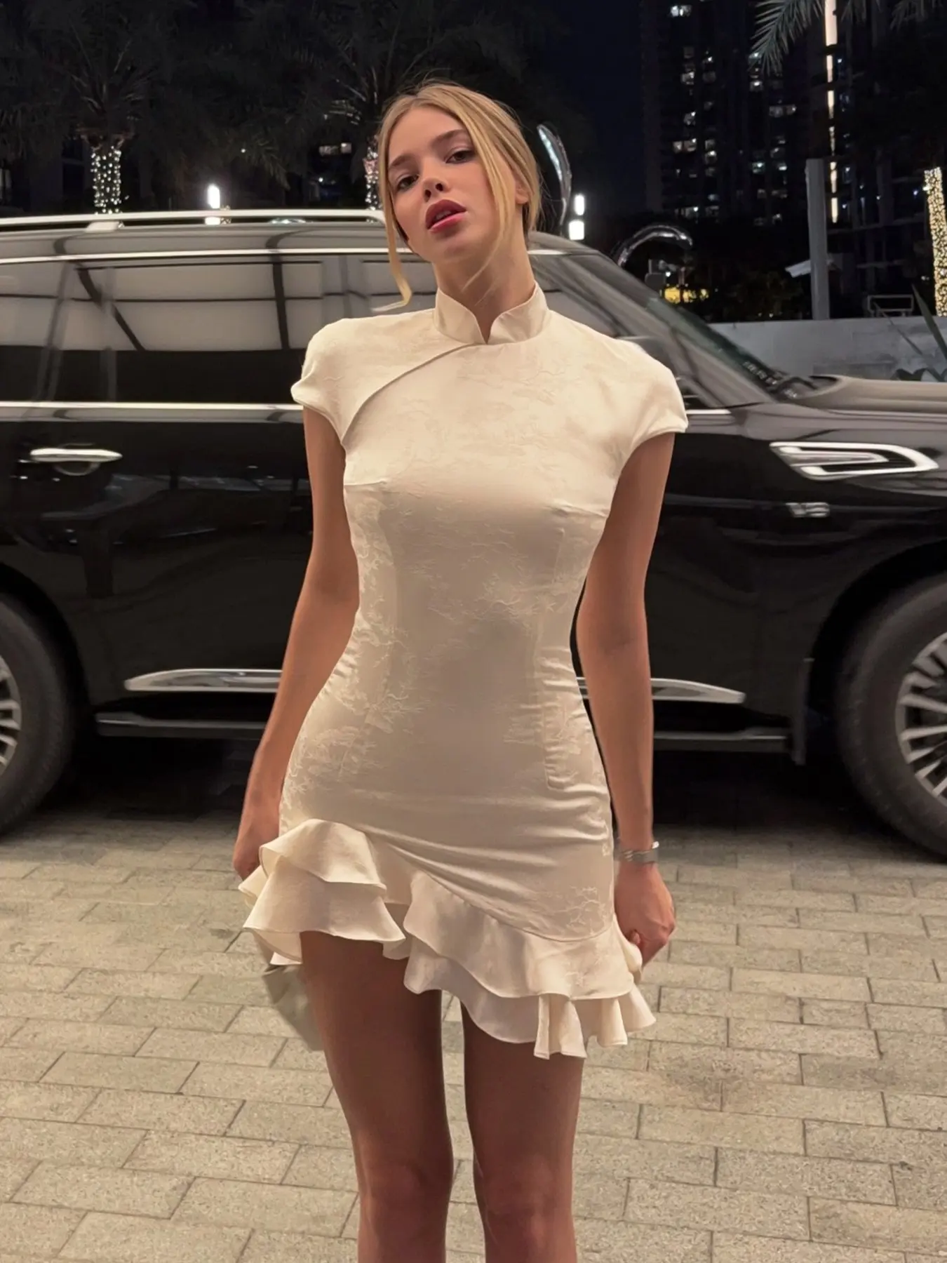 Elegant Ruffle New Traditional Chinese Style Qipao Dress, Embroidered Pattern Short Sleeve Ruffled Dress, Women's Fashion Street Style Streetwear, Embroidery