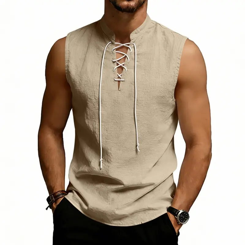 Mens Sleeveless Linen Vest Summer Loose Fit Viking Style Drawstring Top Breathable Lightweight Casual Tank Shirt for Men Daily