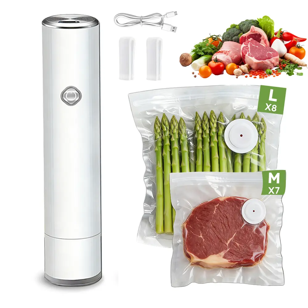 Compact food vacuum sealer (vacuum sealer + 15 reusable vacuum bags). Powerful portable vacuum sealer—ideal for taking food on the go and keeping it fresh at home. Mother’s Day gift.