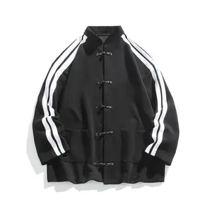 Chinese-style button cardigan design heavyweight sweatshirt loose trendy top coat couple new men’s clothing menswear jackets gamis long sleeve casual striped striped fashion black tights fashionable outerwear