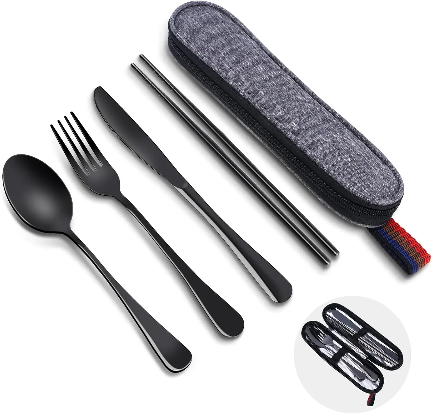 Black Stainless Steel 5-Piece Reusable Cutlery Set - Food-Grade Steel Utensils (Fork,Spoon,Chopsticks) with Ergonomic Handles, Compact Noiseless Case, Dishwasher-Safe, Easy to Clean, 9in, Eco-Conscious, Fits Lunch Bag, for Camping,Office (9x2.2x1in)