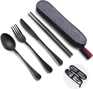 Reusable Travel Utensils Set with Case, Premium Stainless Steel Flatware, Portable Silverware for Lunch, Camping, Picnic, Travel Fork and Spoon Set, To Go Utensils, Dishwasher Safe