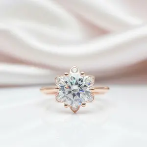 Round Cut Diamond Option Unique Flower Engagement Ring
