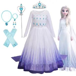 Elsa Princess Dress for Girls White Sequined Mesh Long Dress 2025 Halloween Party Carnival Clothes Kids Cosplay Snow Queen Elsa Costume