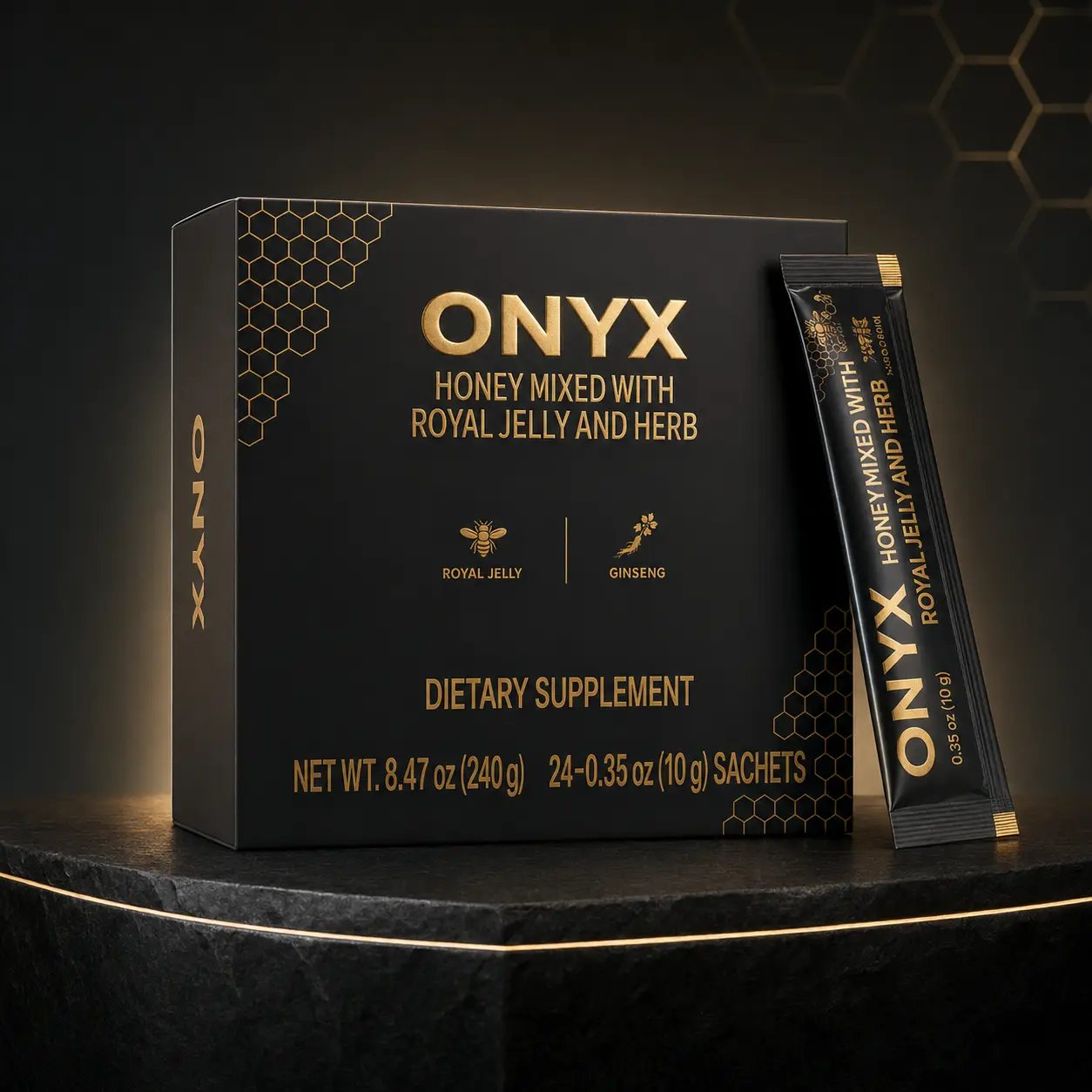 ONYX Honey with Royal Jelly & Panax Ginseng — Premium Honey Sticks for Natural Energy, Focus & Vitality — Available in 3, 6, 12 & 24 Sachet Packs Supplement
