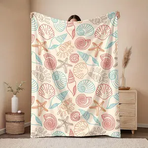 1pc Machine-washable polyester blanket with seashell, starfish, Blanket Halloween and Christmas Gifts     and coral reef motifs for bedroom and living room decor