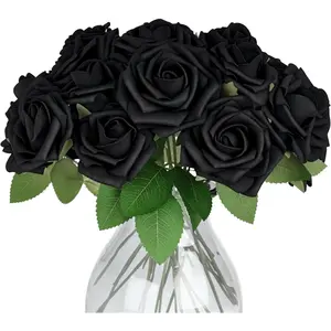 30 count Black Roses, Artificial  with Stems for Wedding Bouquets Party and Gothic Decoration