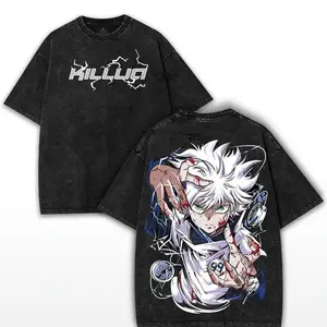 Men's Killua Zoldyck Hunter x Hunter Oversized Washed Round Neck Shortsleeve Cotton Tee - Double Printed, Everyday Fit, Streetwear Shirt for TikTok Otaku Fans