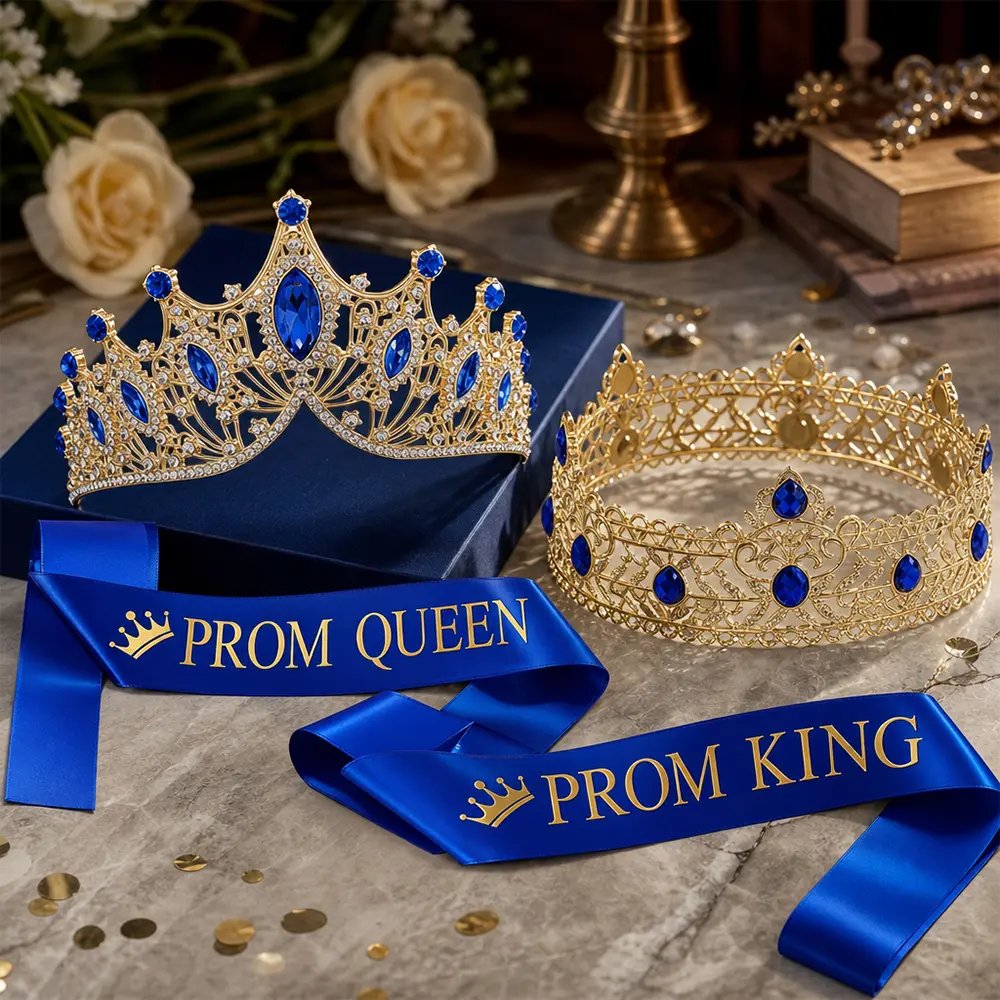 4 Pack Prom Crown and Sash Set, Prom King and Queen Tiara Rhinestone Crown Glitter Court Royal Satin Sash for Graduation Ball Dance Night Party Birthday Accessory