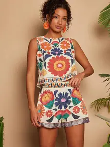Summer Beach Vacation Floral Print Round Neck Sleeveless Button Vest, Elastic Waist Mini Shorts, Two-Piece Set Er058