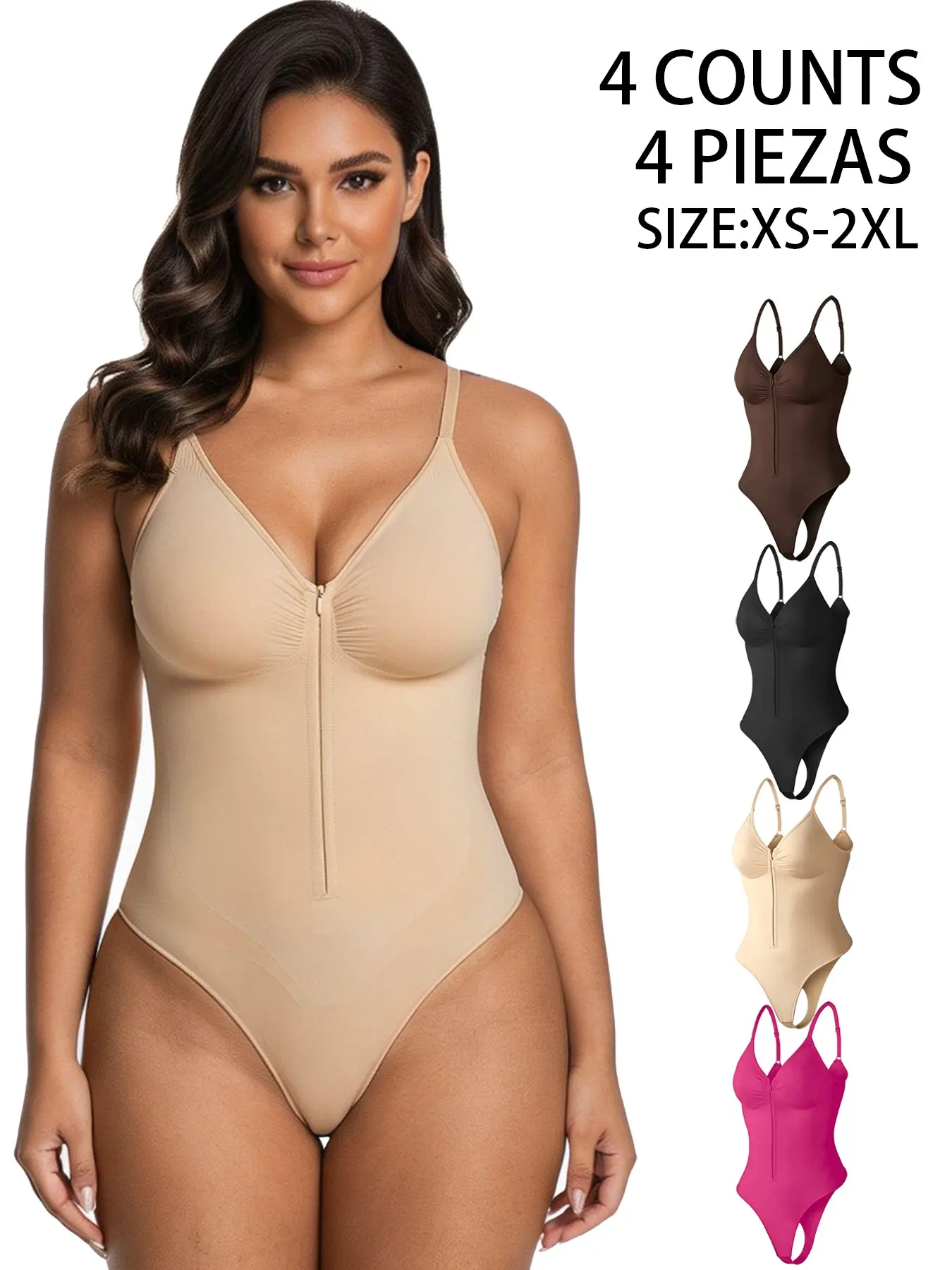 Women's Seamless Smooth Shapewear Bodysuit, Front Zipper Design, Waist Cinching Thong, Comfortable All Seasons, Sexy Plain Style Underwear