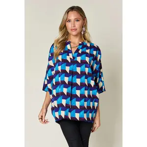 Double Take Full Size Geometric Notched Half Sleeve Blouse