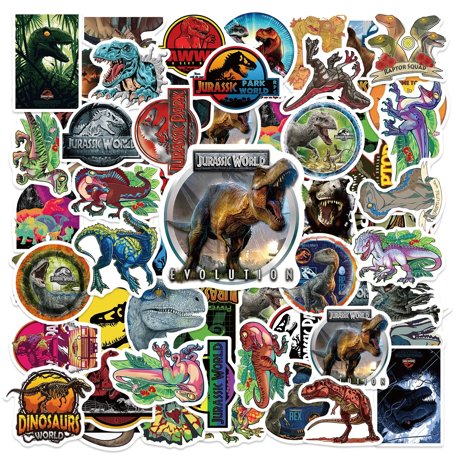 50pcs Jurassic World Dinosaur Stickers Pack, Waterproof T-Rex Dino Decals for Laptop, Water Bottle, Notebook & Skateboard, Kids & Dinosaur Lover Gift