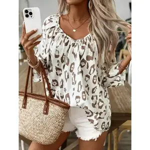 Leopard Print Pleated V Neck Shirt, Spring Autumn Casual 3/4 Sleeve Blouse, Women Clothing Polyester Top Vneck Womenswear
