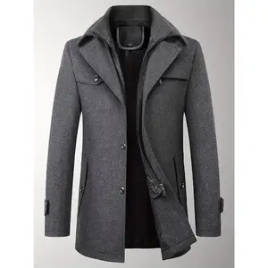 Men's Wool Blend Double Collar Pea Coat Casual Thermal Trench Coat With Removeable Collar Thicken Winter Warm Over Coat
